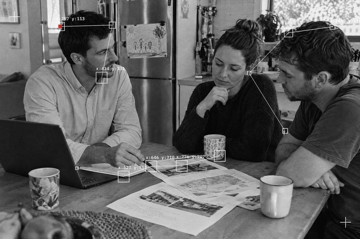 A buyers' agent at a kitchen table talking through a property brief with a couple