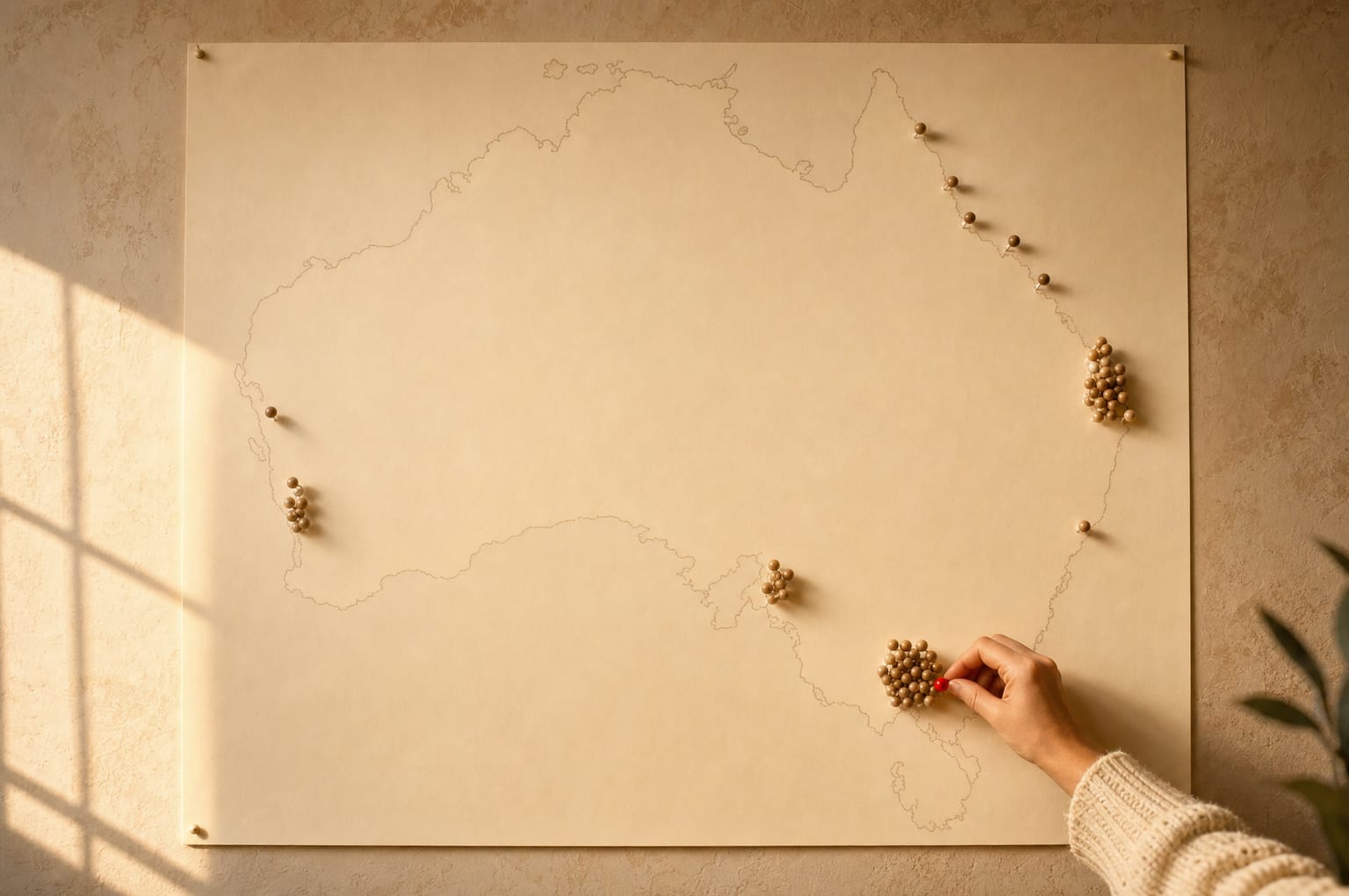 A hand placing a red pin on a wall map of Australia, with pins clustered around Brisbane, Melbourne, Adelaide and Perth