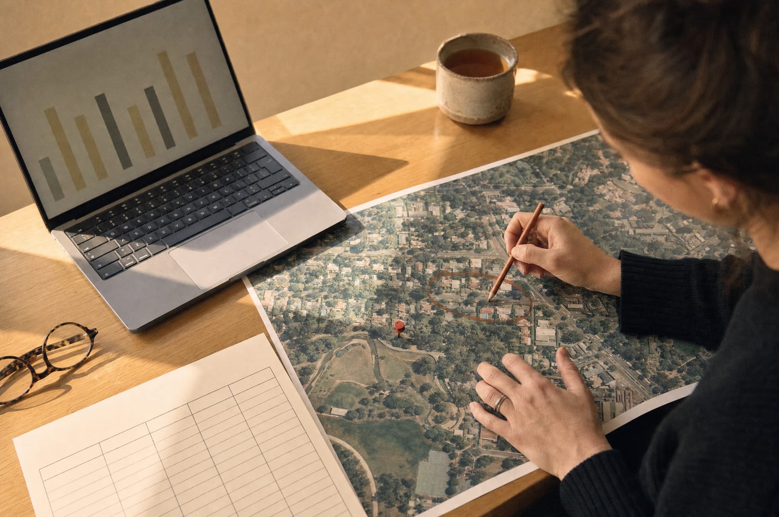 Hands marking up a printed aerial suburb map beside a laptop showing a chart