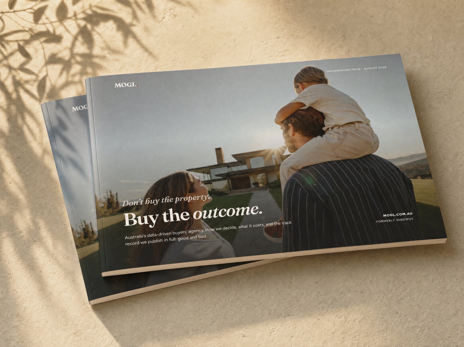 The MOGL information pack, an A4 booklet with the cover line Don't buy the property. Buy the outcome.