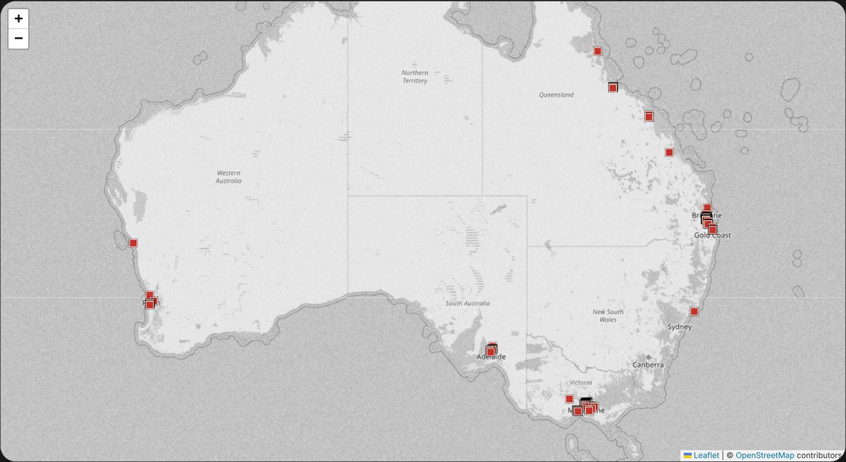 A still of the results map: client purchases marked across Australia