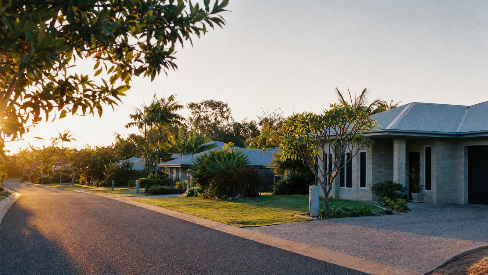 Tropical suburban street in northern Australia at golden hour, modern single-storey homes among palms