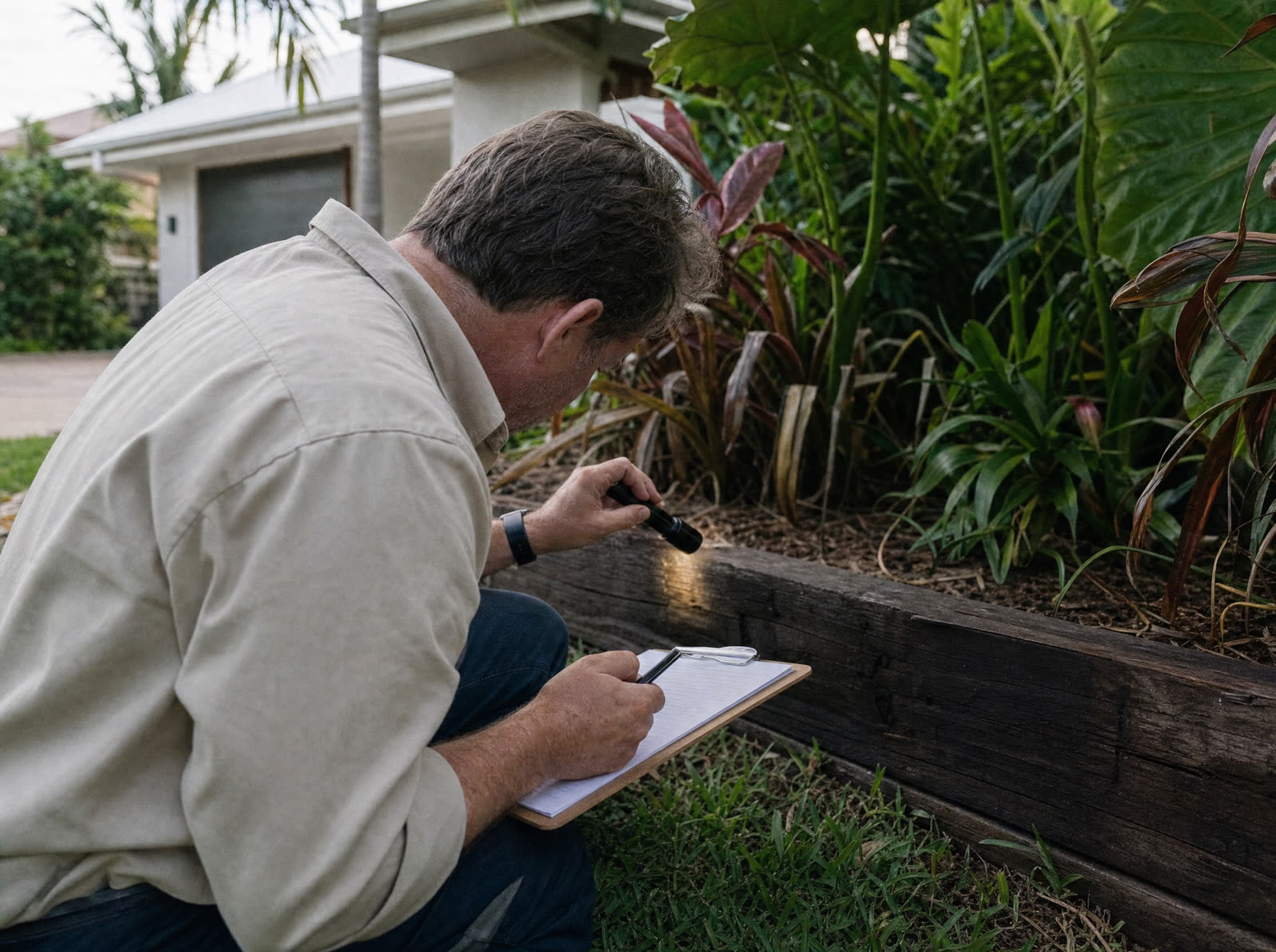 Building inspector crouching by a garden bed, checking timber with a torch and taking notes