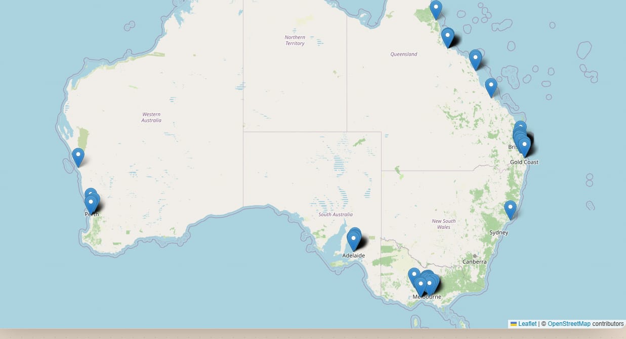 Map of Australia showing MOGL client purchases in every state: Perth, Adelaide, Melbourne, Sydney, Brisbane, the Gold Coast and regional Queensland